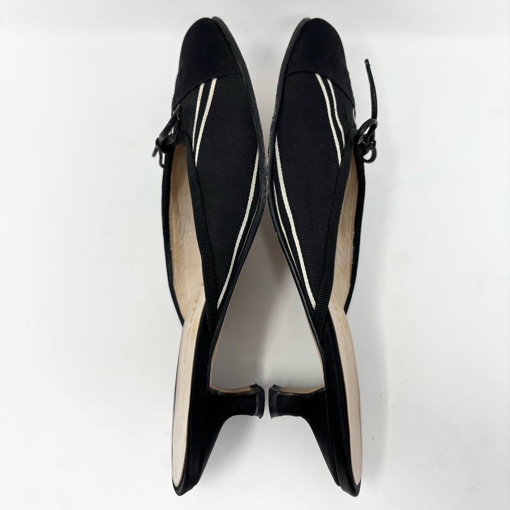 Chanel CC Cap Toe Bow Mules Black Canvas Kitten Heel Size 37.5 Y2K Vintage Satin - Picture 10 of 16